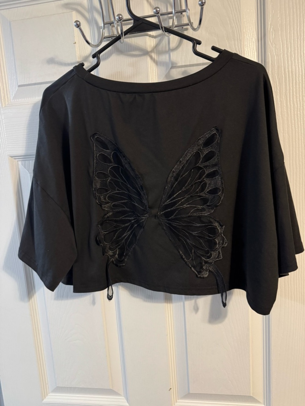 Black Butterfly Appliqué Crop Top